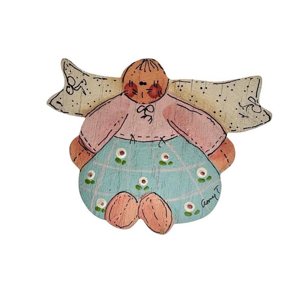 Vintage Hand Painted Wood Angel Brooch Pin Signed Amy T Folk Art 2 5/8"W